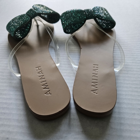 Aminah Green Crystal Bow Flip Flop Sandals - Picture 8 of 11